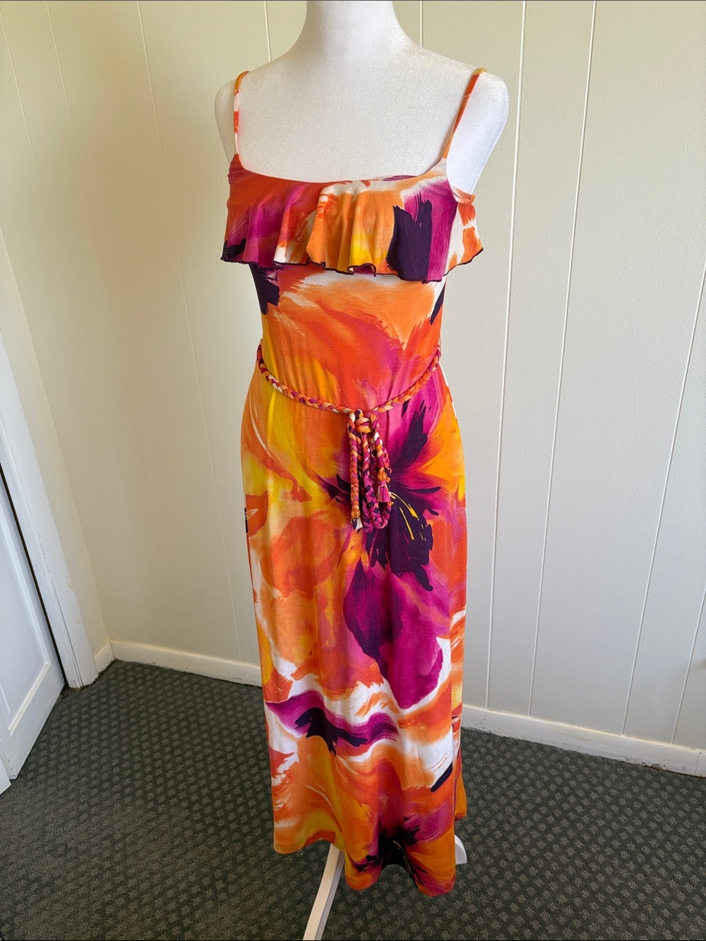 Vibrant Orange & Pink Maxi Dress with Ruffle Top